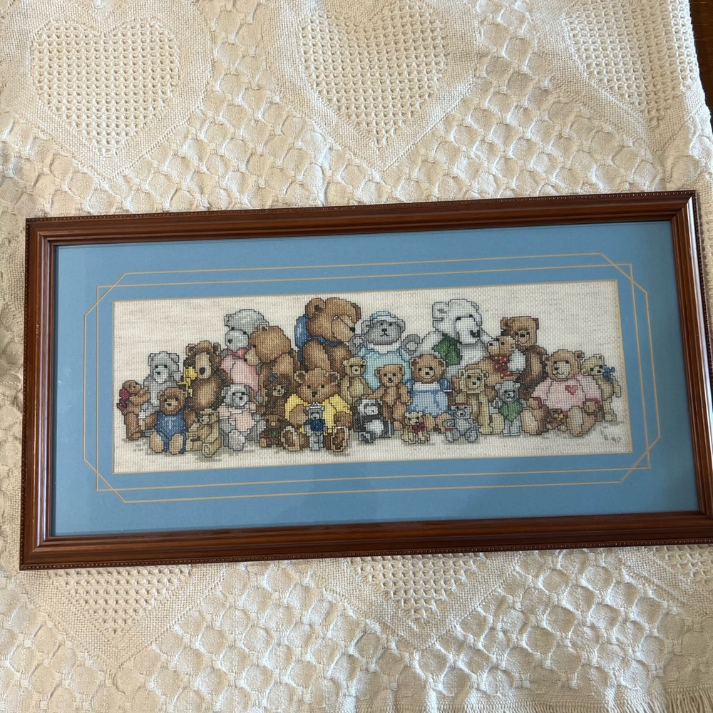 Framed Teddy Bear Wall Art in Brown and Blue. Cottage core. Cross stitch. 1990s